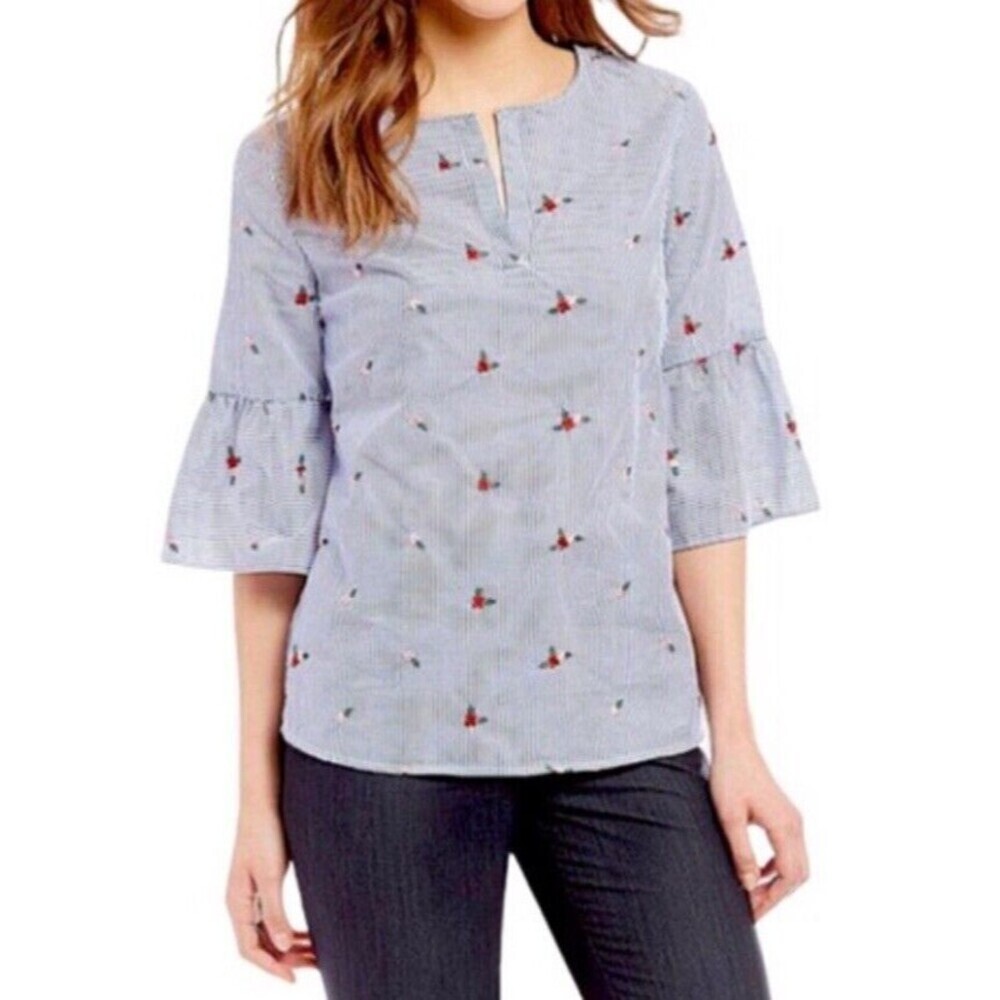 Ivanka Trump Stripped Floral Embroidered Bell‎ Sleeve Blouse Medium​​